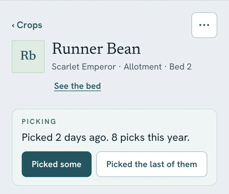 Vercro crop page for Scarlet Emperor runner beans in Bed 2 at a demo allotment: picking, picked 2 days ago, with Picked some and Picked the last of them buttons.
