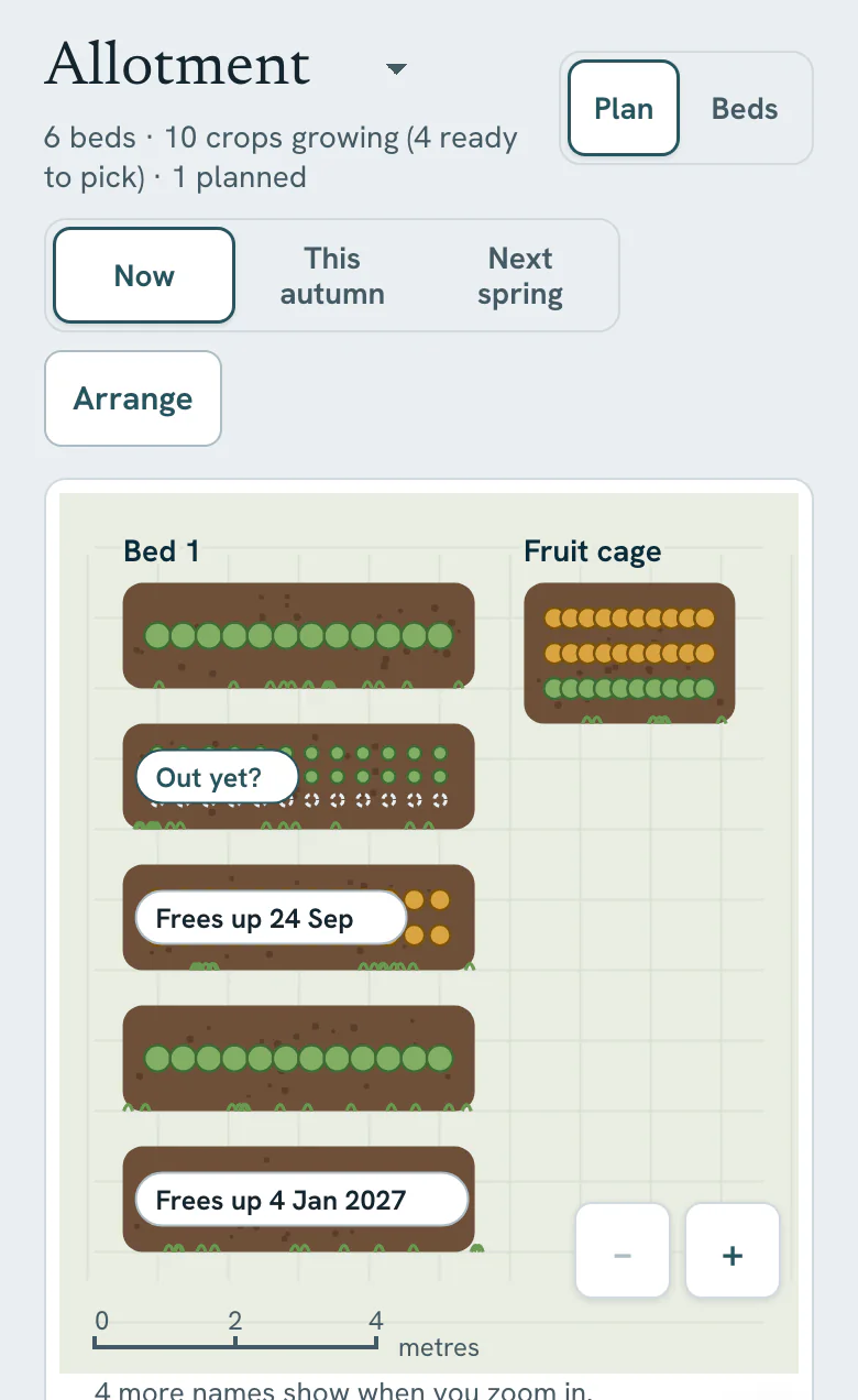 Vercro Garden plan on a phone for a demo allotment: six beds and ten crops growing, with Now, This autumn and Next spring. Beds are drawn to a metres scale bar with their crops; Bed 1 carries an Out yet? prompt and other beds show when they free up.