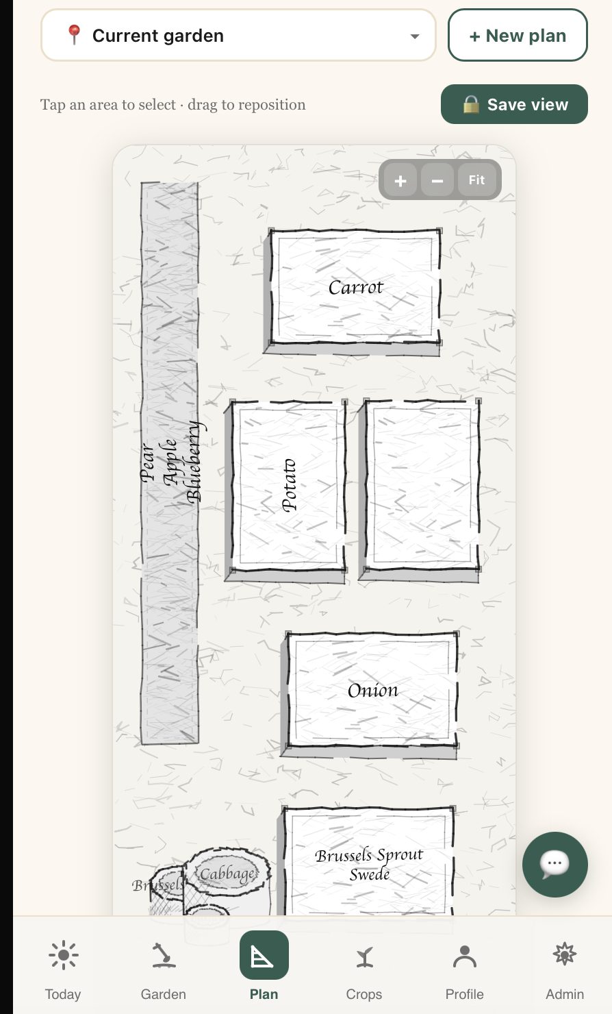Vercro's allotment layout planner showing beds for carrot, potato, onion and brassicas, drawn to scale, with a fruit tree and bush row alongside