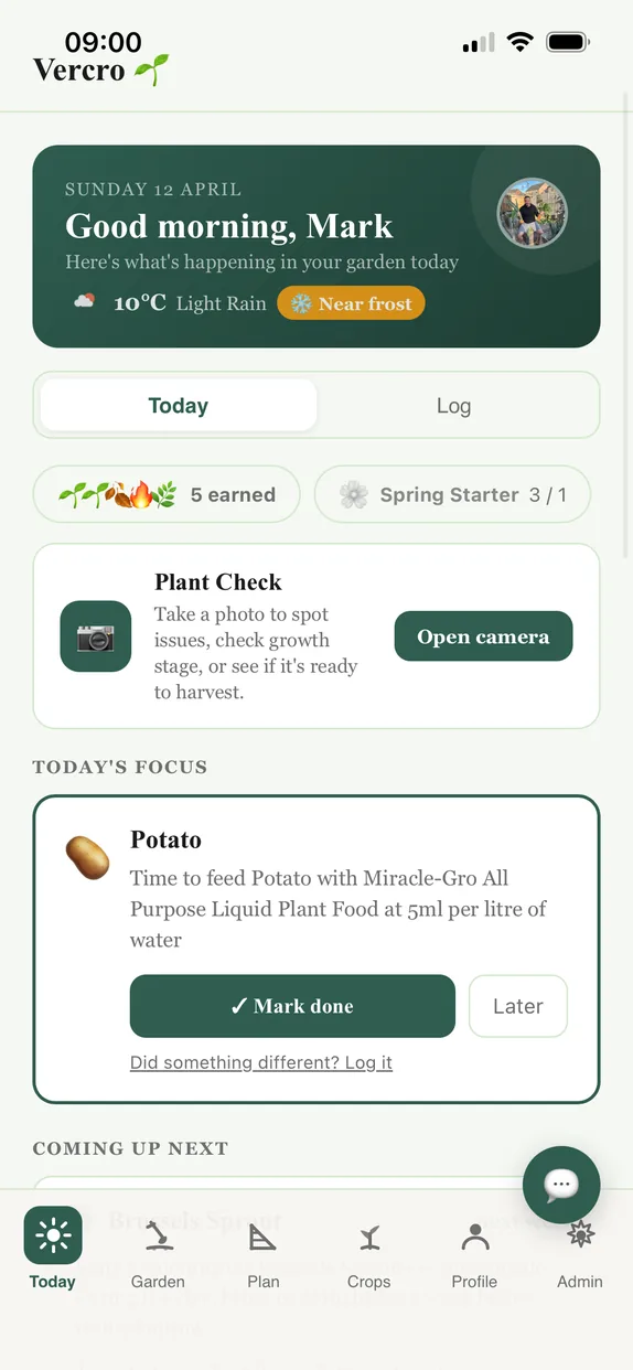 Vercro today screen showing your daily garden tasks